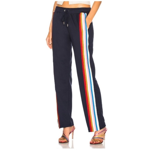 Alexa Chung Navy Blue Rainbow Stripe Jersey Track Pants - Picture 1 of 11